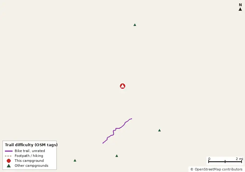 Map of roads, water and trails within about 5 miles of O'Leno State Park Campground, with bike trails colored by their OpenStreetMap difficulty tags