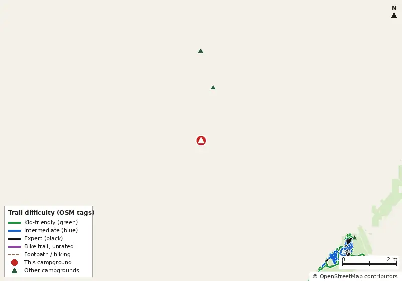 Map of roads, water and trails within about 5 miles of Ocala RV Camp Resort, with bike trails colored by their OpenStreetMap difficulty tags