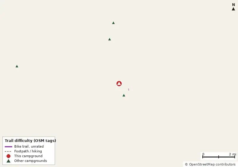 Map of roads, water and trails within about 5 miles of Ocean Grove RV Resort, with bike trails colored by their OpenStreetMap difficulty tags