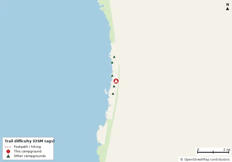 Map of roads, water and trails within about 5 miles of Ocean Waves Campground