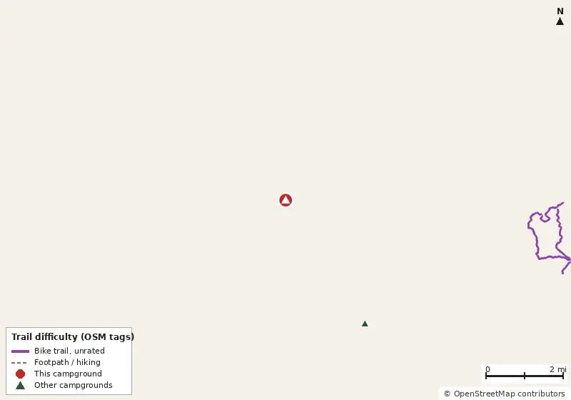 Map of roads, water and trails within about 5 miles of Oceola, with bike trails colored by their OpenStreetMap difficulty tags