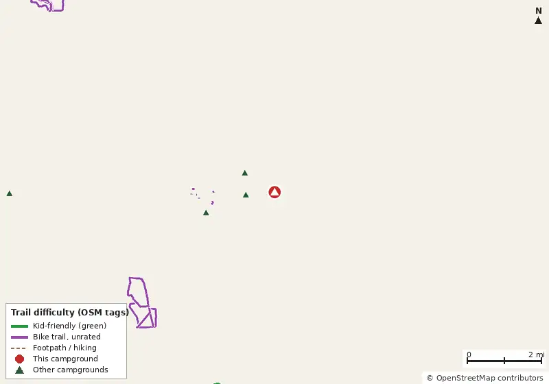 Map of roads, water and trails within about 5 miles of Otter, with bike trails colored by their OpenStreetMap difficulty tags