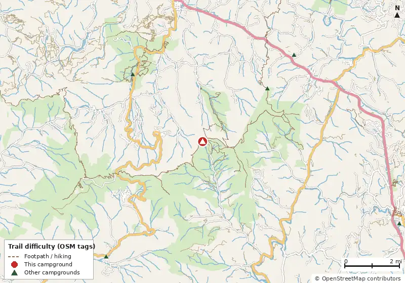 Map of roads, water and trails within about 5 miles of Overmountain shelter camping area