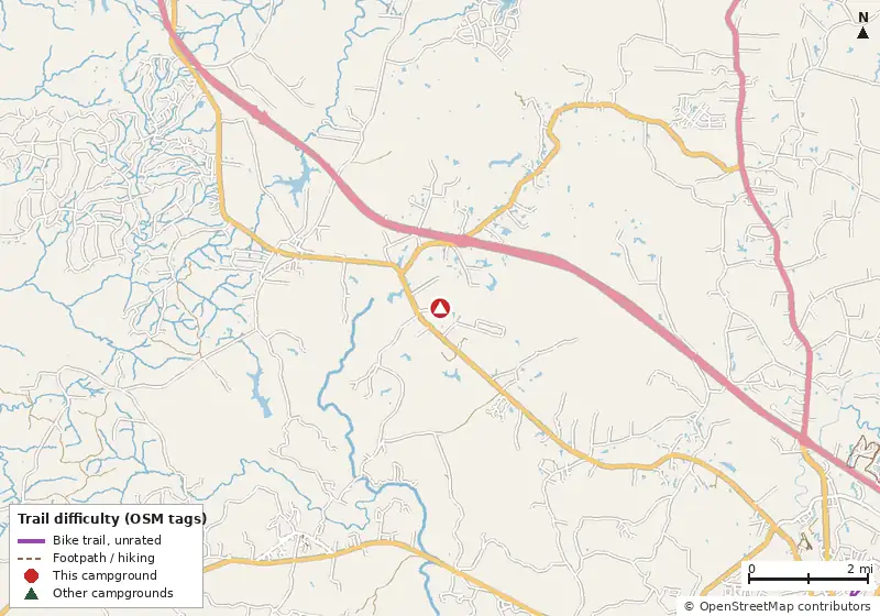Map of roads, water and trails within about 5 miles of Pandora's Resort, with bike trails colored by their OpenStreetMap difficulty tags