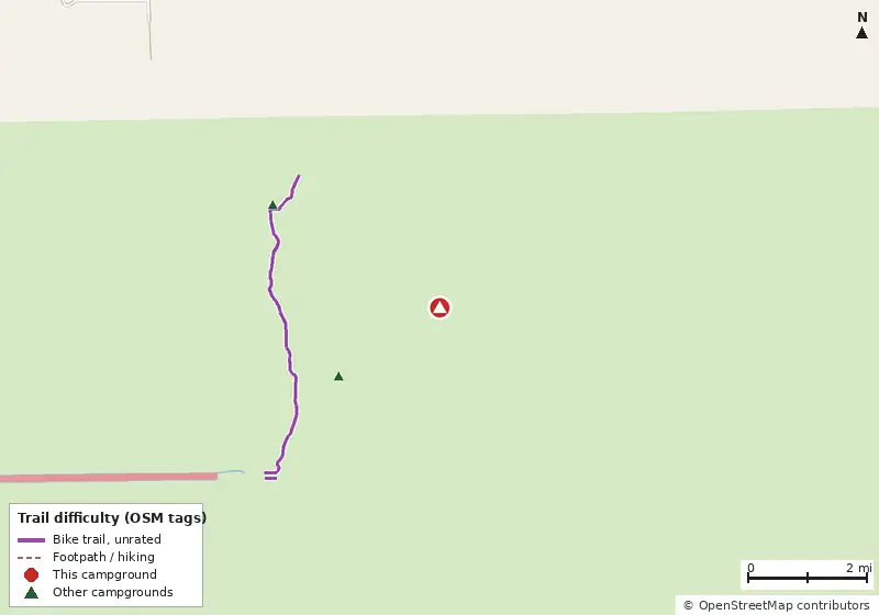 Map of roads, water and trails within about 5 miles of Panther Camp, with bike trails colored by their OpenStreetMap difficulty tags