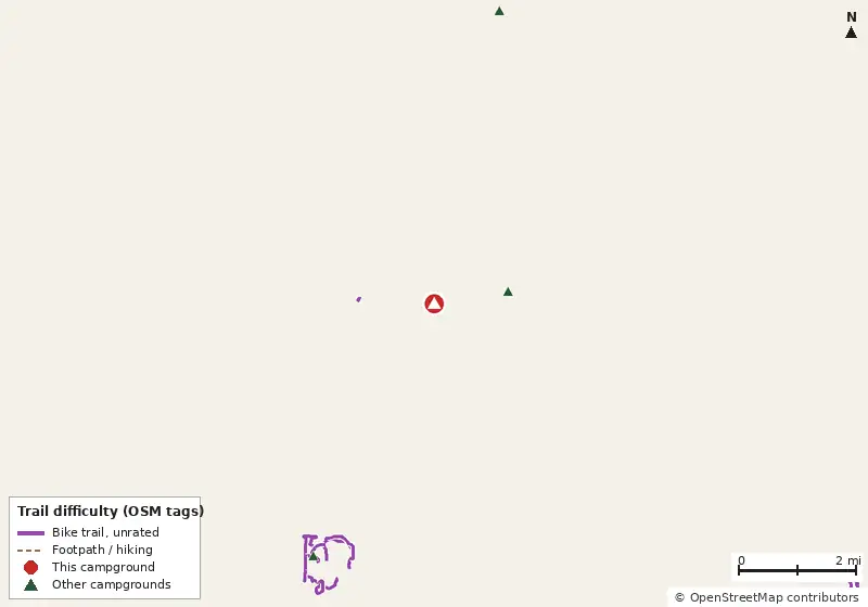 Map of roads, water and trails within about 5 miles of Paradise Pines RV Park, with bike trails colored by their OpenStreetMap difficulty tags