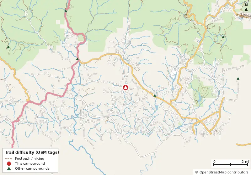 Map of roads, water and trails within about 5 miles of Paradise Valley Campground