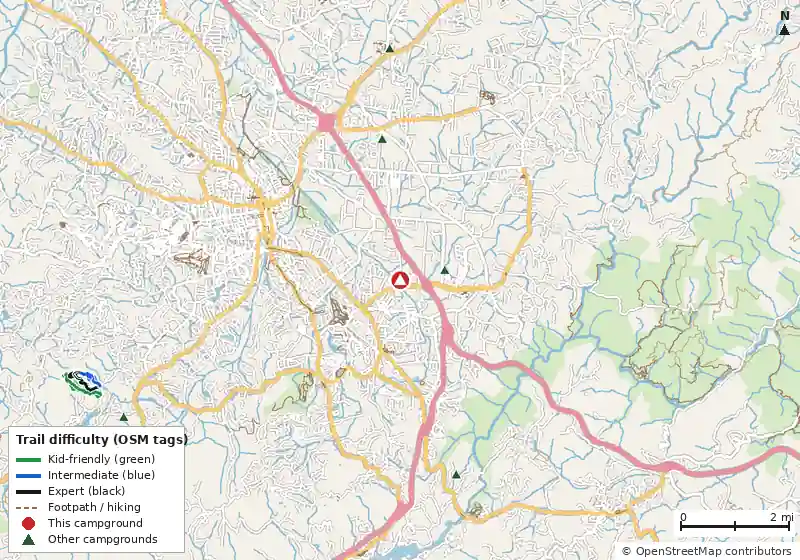 Map of roads, water and trails within about 5 miles of Park Place RV Park, with bike trails colored by their OpenStreetMap difficulty tags