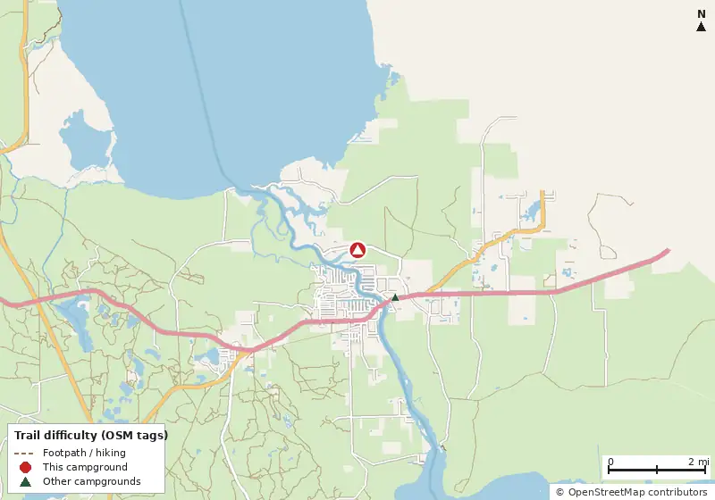 Map of roads, water and trails within about 5 miles of Parramore's Campground