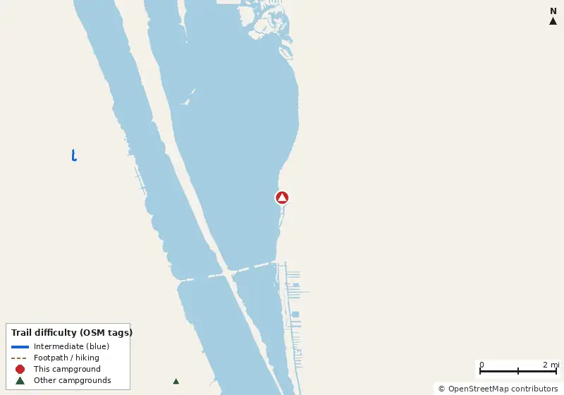 Map of roads, water and trails within about 5 miles of Patrick Fam Camp, with bike trails colored by their OpenStreetMap difficulty tags