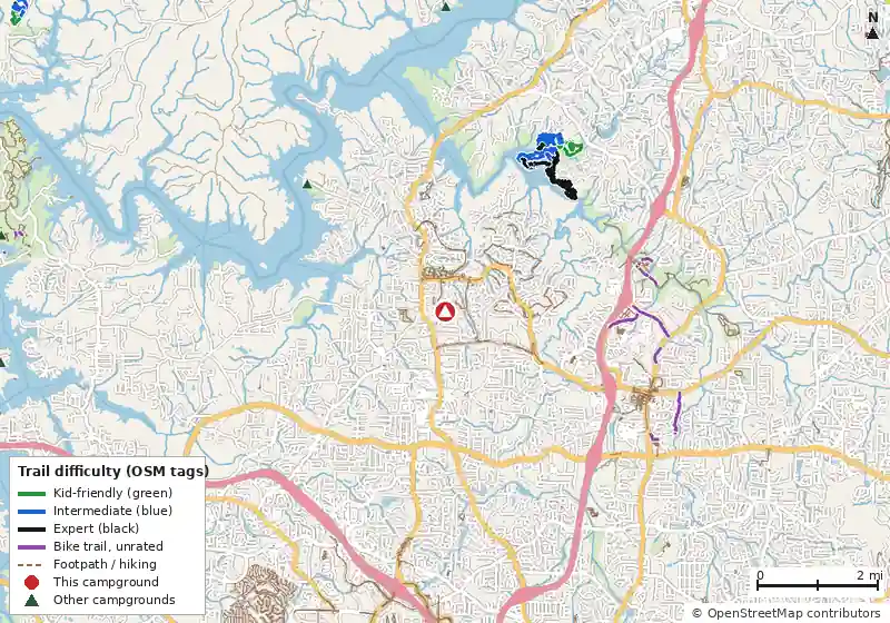 Map of roads, water and trails within about 5 miles of Payne Campground-allatoona Lake, with bike trails colored by their OpenStreetMap difficulty tags