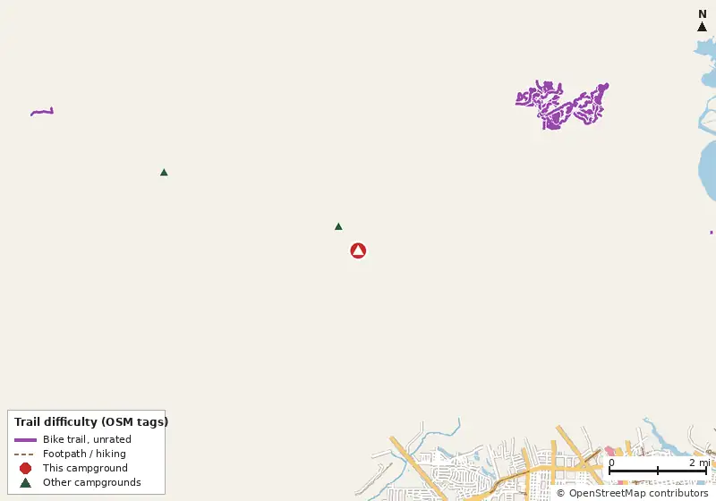 Map of roads, water and trails within about 5 miles of Pensacola North RV Resort, with bike trails colored by their OpenStreetMap difficulty tags