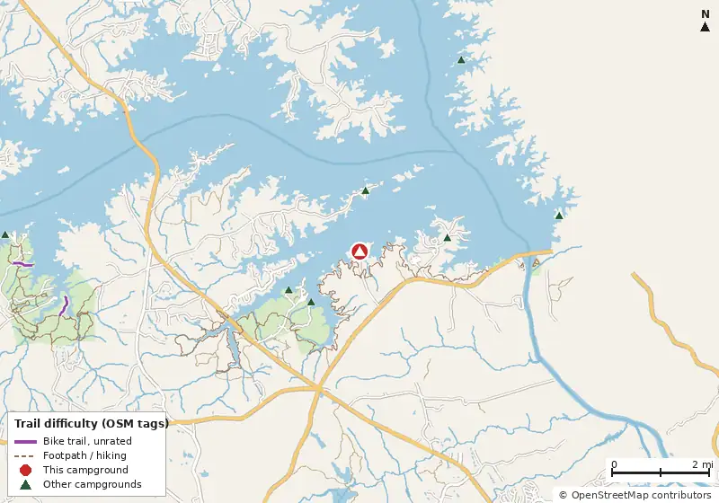 Map of roads, water and trails within about 5 miles of Petersburg, with bike trails colored by their OpenStreetMap difficulty tags