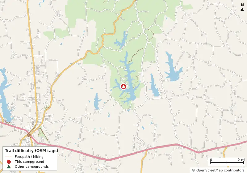 Map of roads, water and trails within about 5 miles of Pin Oak RV Campground