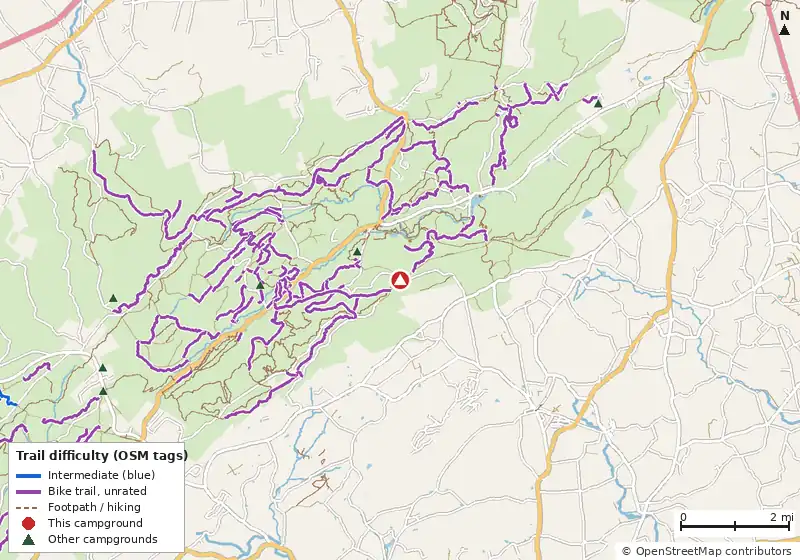 Map of roads, water and trails within about 5 miles of Piney Mountain Parking Lot - Michaux Campsite #2, with bike trails colored by their OpenStreetMap difficulty tags