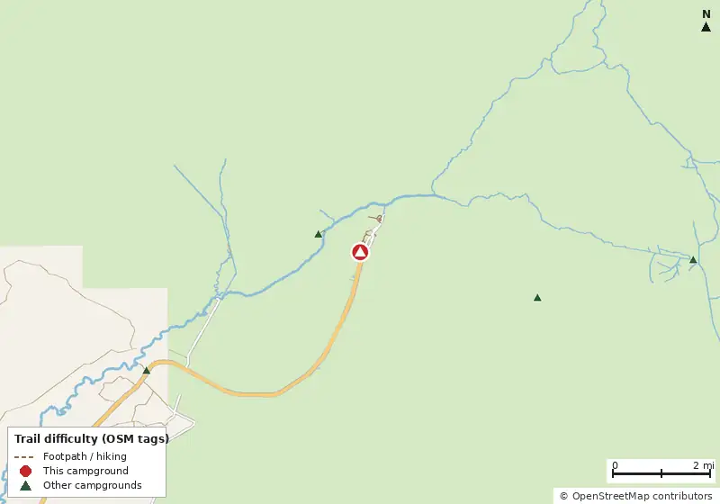 Map of roads, water and trails within about 5 miles of Pioneer Camping