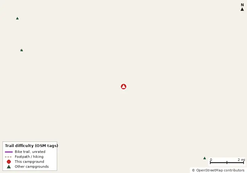 Map of roads, water and trails within about 5 miles of Presnell's Bayside Marina and RV Resort, with bike trails colored by their OpenStreetMap difficulty tags