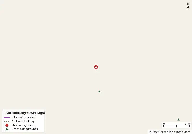 Map of roads, water and trails within about 5 miles of Primitive 2, with bike trails colored by their OpenStreetMap difficulty tags