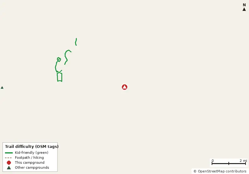 Map of roads, water and trails within about 5 miles of Quail Run RV Resort, with bike trails colored by their OpenStreetMap difficulty tags