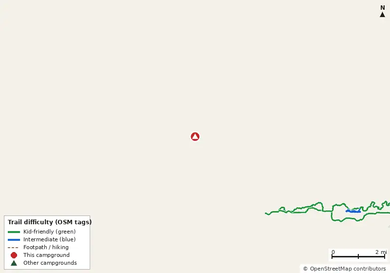 Map of roads, water and trails within about 5 miles of Rainbow Springs State Park Campground, with bike trails colored by their OpenStreetMap difficulty tags