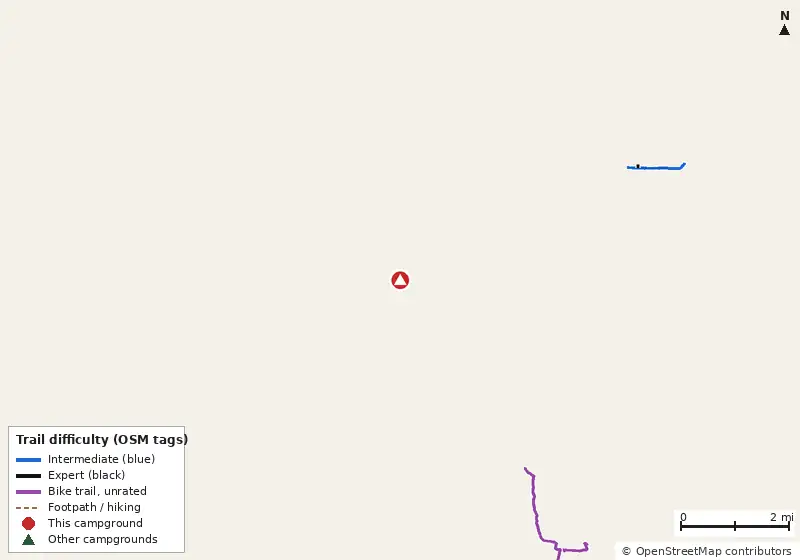 Map of roads, water and trails within about 5 miles of Rambler's Rest, with bike trails colored by their OpenStreetMap difficulty tags