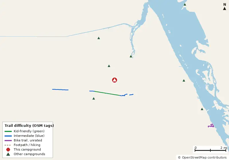 Map of roads, water and trails within about 5 miles of Ranch Camp, with bike trails colored by their OpenStreetMap difficulty tags