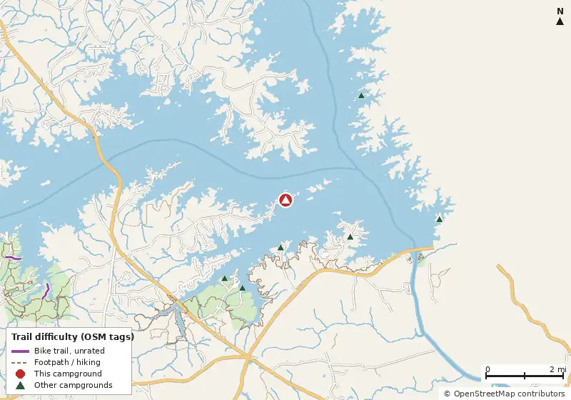Map of roads, water and trails within about 5 miles of Ridge Road, with bike trails colored by their OpenStreetMap difficulty tags