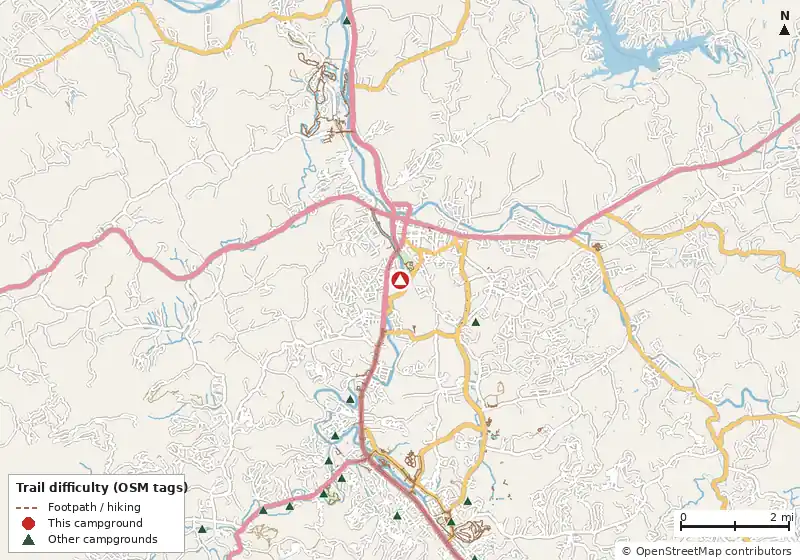 Map of roads, water and trails within about 5 miles of River Plantation RV Resort