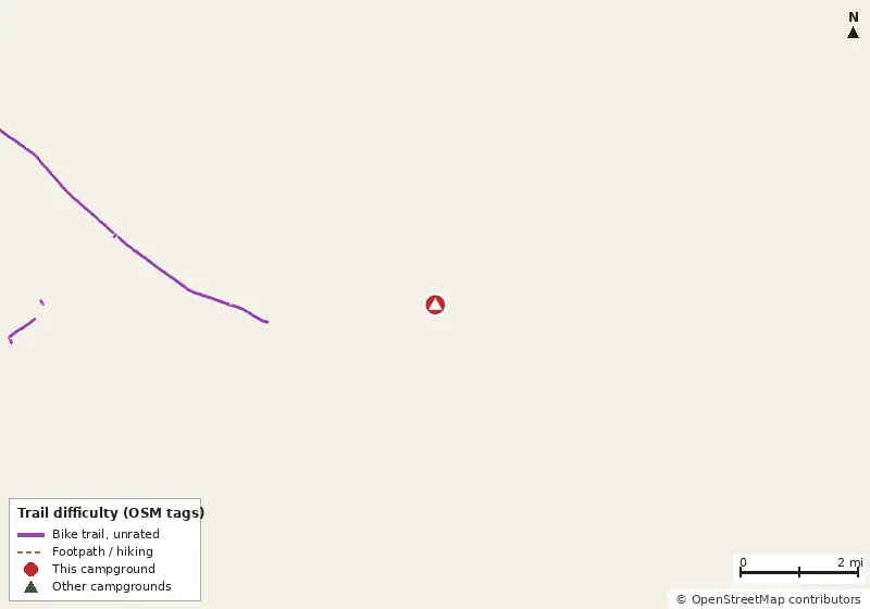 Map of roads, water and trails within about 5 miles of River's End Campground and RV Park, with bike trails colored by their OpenStreetMap difficulty tags
