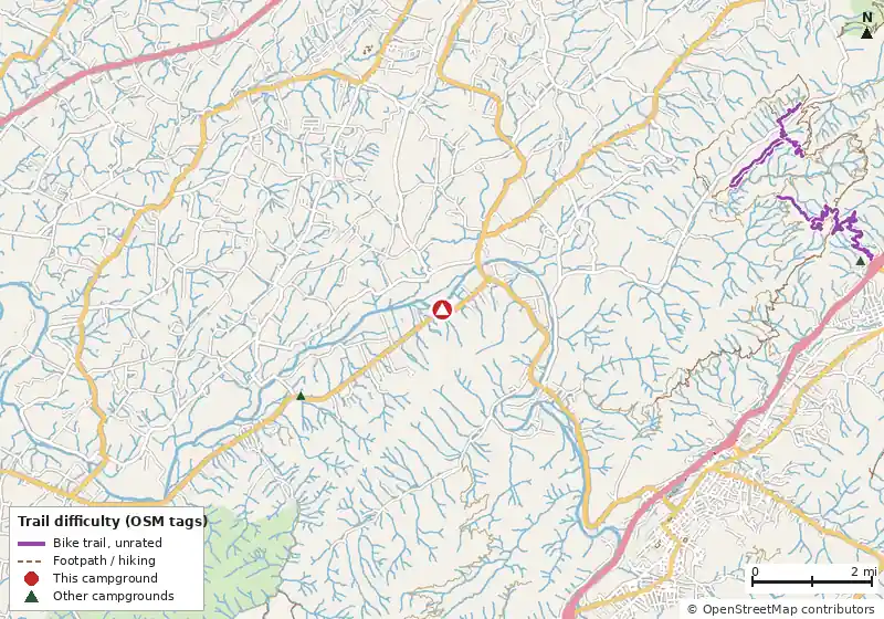 Map of roads, water and trails within about 5 miles of River View, with bike trails colored by their OpenStreetMap difficulty tags