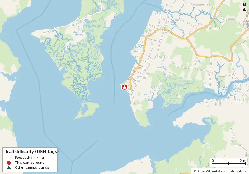 Map of roads, water and trails within about 5 miles of Roaring Point Waterfront Campground