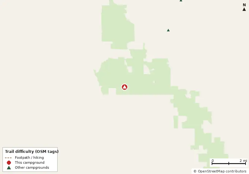 Map of roads, water and trails within about 5 miles of Rocky Ford Campsite