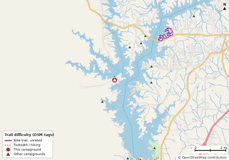 Map of roads, water and trails within about 5 miles of Rocky Point Recreation Area, with bike trails colored by their OpenStreetMap difficulty tags