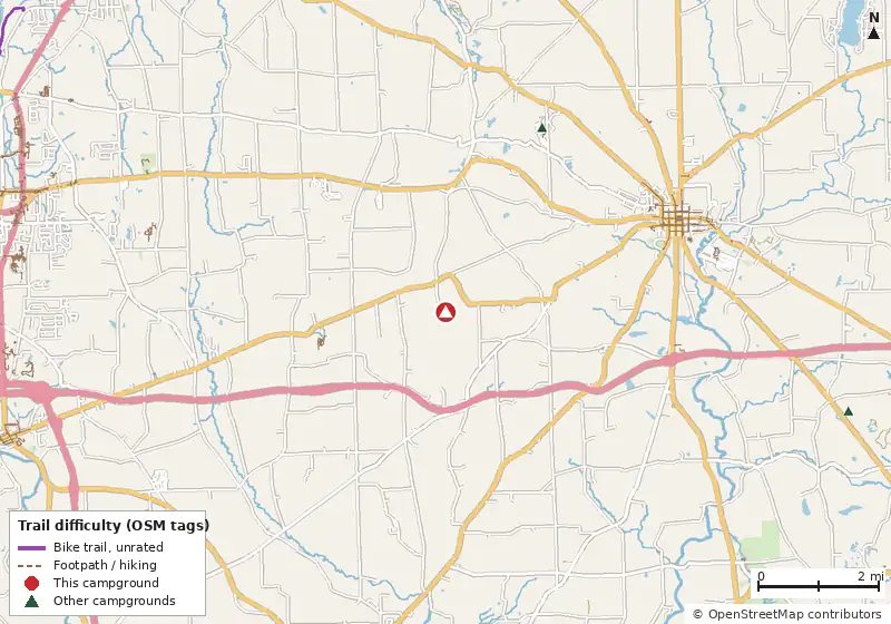 Map of roads, water and trails within about 5 miles of Rocky Springs Campground, with bike trails colored by their OpenStreetMap difficulty tags