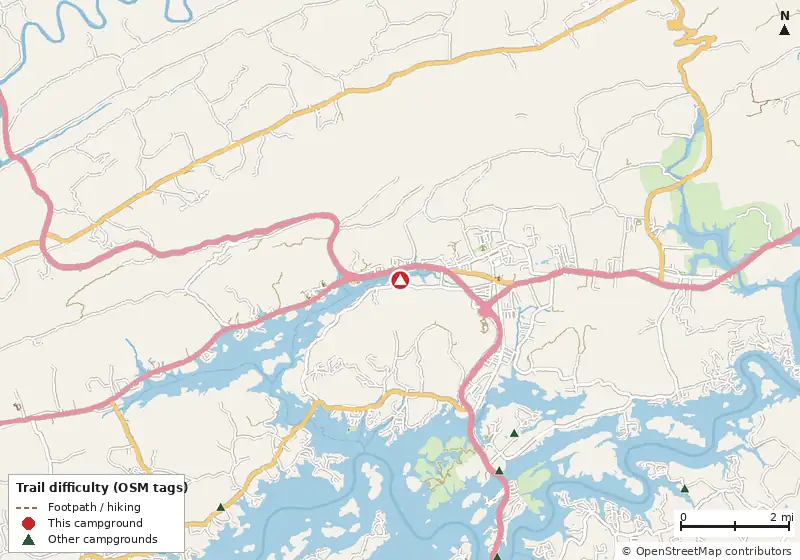 Map of roads, water and trails within about 5 miles of Rocky Springs Campground