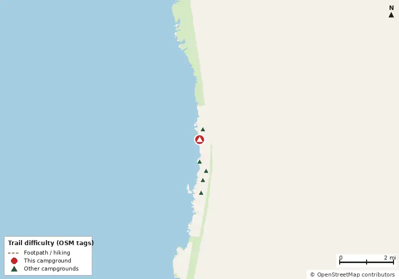Map of roads, water and trails within about 5 miles of Rodanthe Watersports and Campground