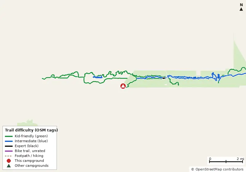 Map of roads, water and trails within about 5 miles of Ross Prairie Campground and Trailhead, with bike trails colored by their OpenStreetMap difficulty tags