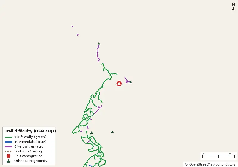 Map of roads, water and trails within about 5 miles of Rush Creek Campground, with bike trails colored by their OpenStreetMap difficulty tags