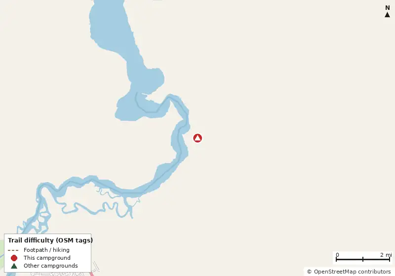 Map of roads, water and trails within about 5 miles of Saint John's Campground