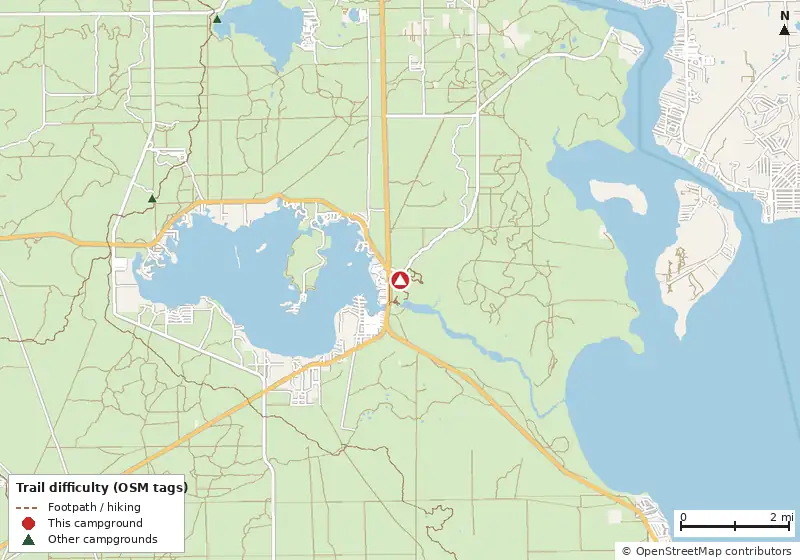 Map of roads, water and trails within about 5 miles of Salt Springs Recreation Area