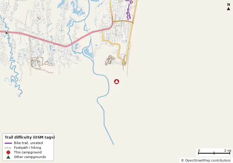 Map of roads, water and trails within about 5 miles of Sandpiper RV Park, with bike trails colored by their OpenStreetMap difficulty tags