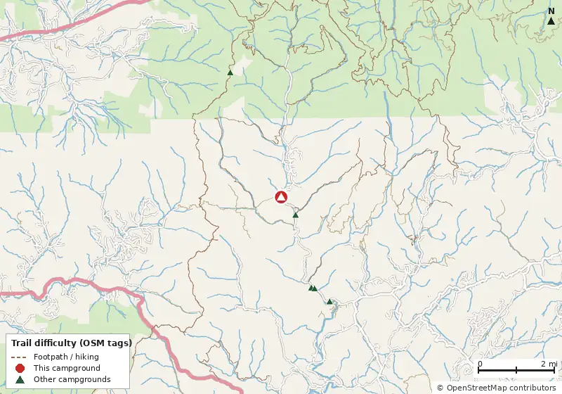 Map of roads, water and trails within about 5 miles of Sandy Bottoms Campground