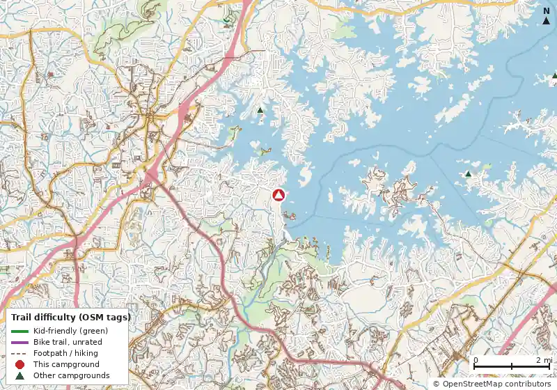 Map of roads, water and trails within about 5 miles of Sawnee, with bike trails colored by their OpenStreetMap difficulty tags