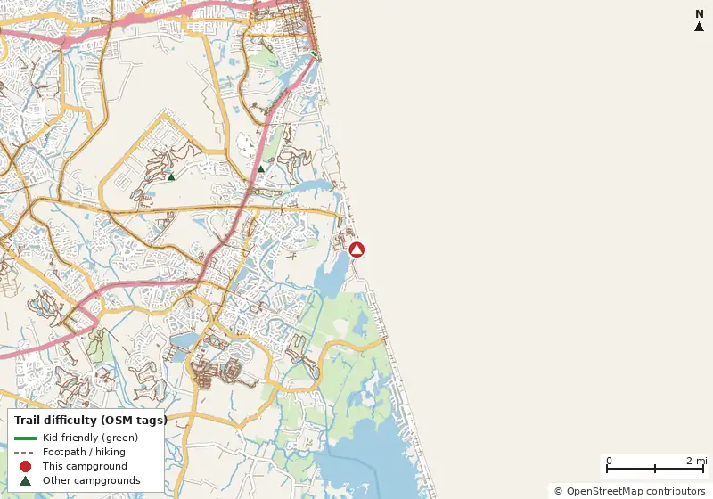 Map of roads, water and trails within about 5 miles of Sea Mist RV Park, with bike trails colored by their OpenStreetMap difficulty tags