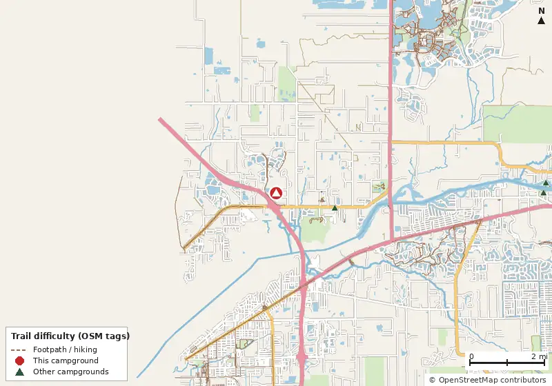 Map of roads, water and trails within about 5 miles of Seminole RV Park