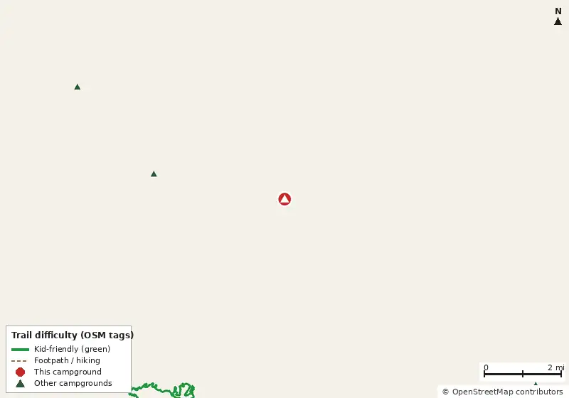 Map of roads, water and trails within about 5 miles of Serenova Tract Campsite, with bike trails colored by their OpenStreetMap difficulty tags