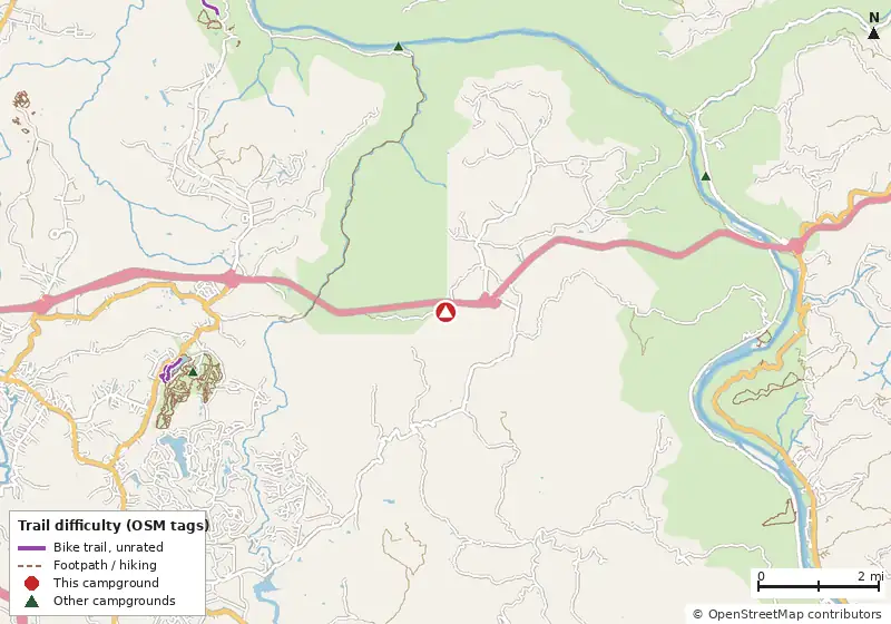 Map of roads, water and trails within about 5 miles of Shady Rest RV Park, with bike trails colored by their OpenStreetMap difficulty tags