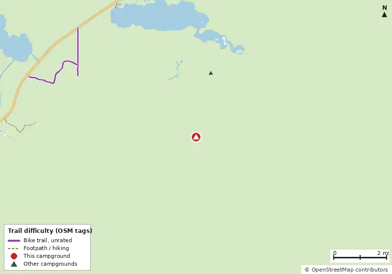 Map of roads, water and trails within about 5 miles of Shark Point Chikee, with bike trails colored by their OpenStreetMap difficulty tags