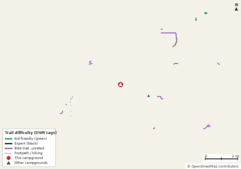 Map of roads, water and trails within about 5 miles of Sherwood Forest RV Resort, with bike trails colored by their OpenStreetMap difficulty tags
