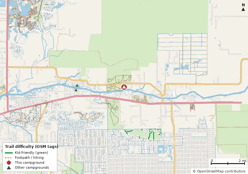 Map of roads, water and trails within about 5 miles of Site G13, with bike trails colored by their OpenStreetMap difficulty tags